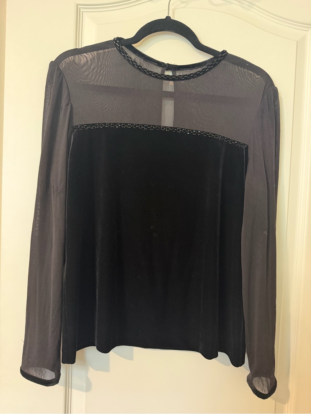 R&K Black Velvet Body Sheer Yoke Long Sleeve Top